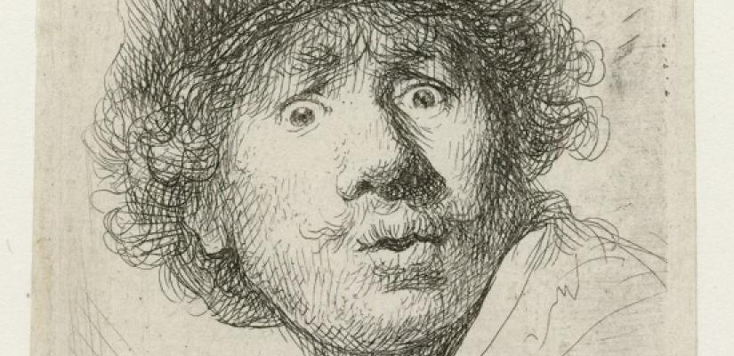 Zelfportret met baret, wijd open ogen en open mond, Rembrandt van Rijn, 1630 RP-P-OB-697.jpg
