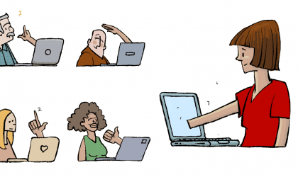 Cartoon van vrouw die online lessen geeft